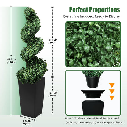 Mavis's Diary 4FT Artificial Spiral Topiary Trees, Set of 2 UV Resistant Faux Boxwood Plants in Square Planter, Indoor Outdoor Fake Shrubs for Front Porch, Entryway, Patio, Home Decor