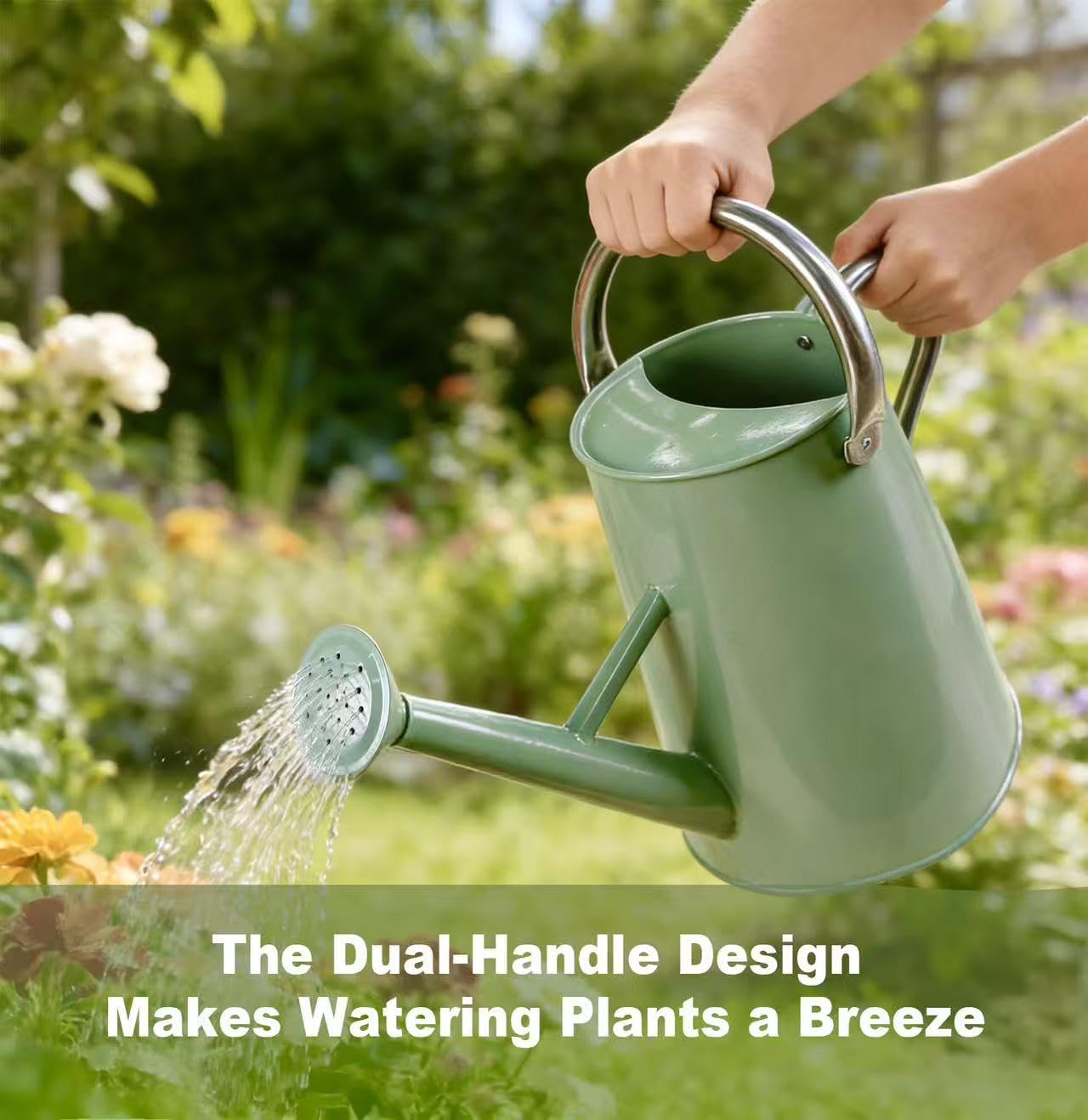Watering Can for Outdoor&Indoor Plants，1.5 Gallon（5.7L） Metal Watering Can with with Removable Spout，Large Galvanized Steel Garden Flower Water Can Watering Pot with 2 Handles，Cream Green