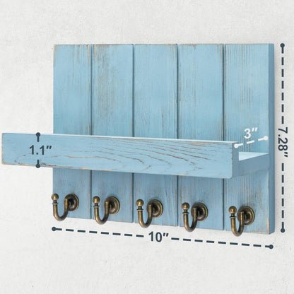 Rebee Vision Decorative Key Holder for Wall - Farmhouse Mail Organizer and Key Hanger Wall Mount for Floating Shelf with Hooks - Mid Century Home Decor Aesthetic (Distressed Blue,10-inch)