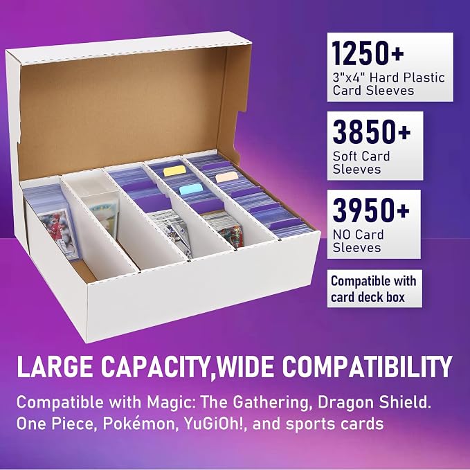 Trading Card Storage Box 5 Row,3950-count Cardboard Storage Box with 16 Pcs Dividers+24 Pcs Index Labels for Mtg, Tcg, Sports Cards (2 Pack-Large)