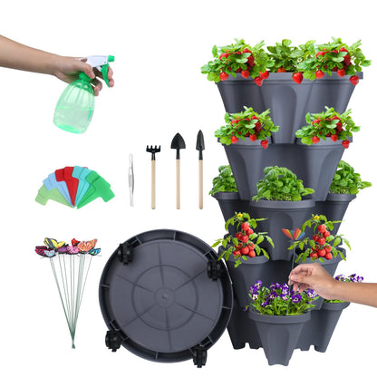 DUNCHATY Stackable Planter, Vertical Strawberry Planter with Garen Tool Set, Self Watering Garden Planter Indoor/Outdoor 5 Tier Herb Planter Pots for Growing Vegetables and Succulents, Dark Gray