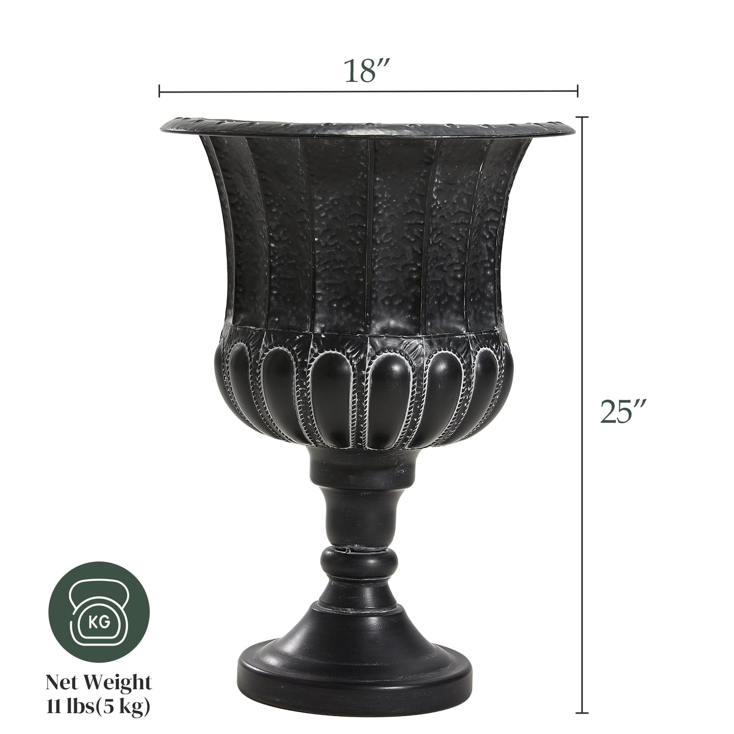 Worth Garden 25" H. Metal Urn Planters 2-Pack - Black Traditional Classic Iron Plant Pots - Large Decorative Rustic Flower Container for Patio, Front Porch, Outdoor Use