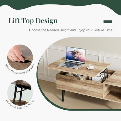 Wood Lift Top Coffee Table with Hidden Storage Compartment & Open Shelf, Multi-Functional Wooden Tabletop Dining Table for Living Room, Home Small Space