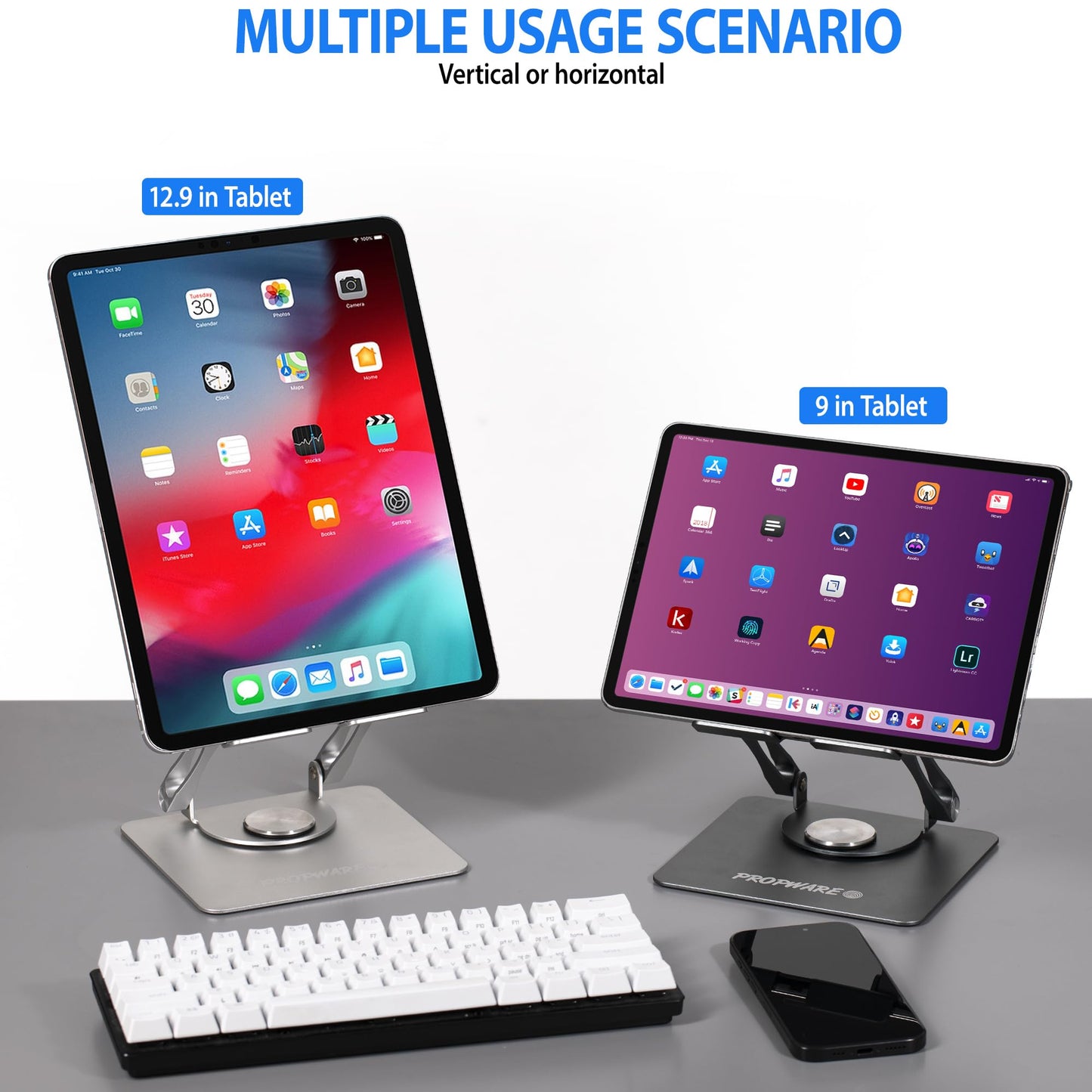 Propware Swivel Tablet Stand for iPad/Kindle/PS/Switch/iPhone 13"-4.7" Holder, Adjustable Tablet Stand for Desk, Kitchen, PC Office Accessories for Desk, Men, Women, iPad Accessories
