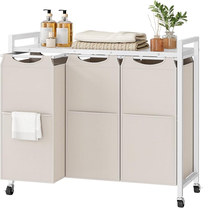 HOOBRO Laundry Sorter 3 Section, Laundry Hamper with Wheels, 3 × 11.5 Gal (43.4L), Rolling Laundry Basket, Pull-Out and Removable Oxford Fabric Bags, White WG76XY01