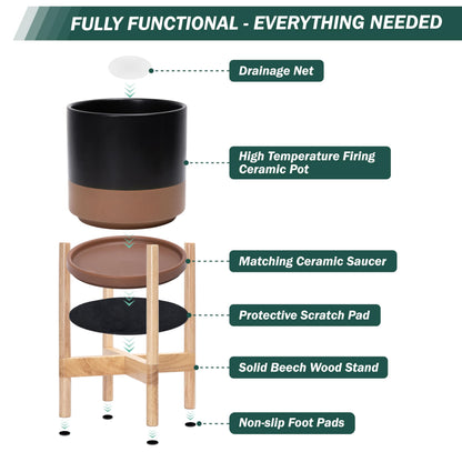 D'vine Dev Ceramic Planter with Natural Stand - 14 Inch Modern Round Flower Pot with Wood Planter Holder, Black/Speckled Tan, 55-B-R-7