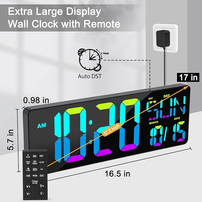 XREXS Large Digital Wall Clock with Remote Control, 17 Inch LED Large Display Count Up & Down Timer, Adjustable Brightness RGB Color Changing Clock Alarm Clock for Home, Gym, Office and Classroom