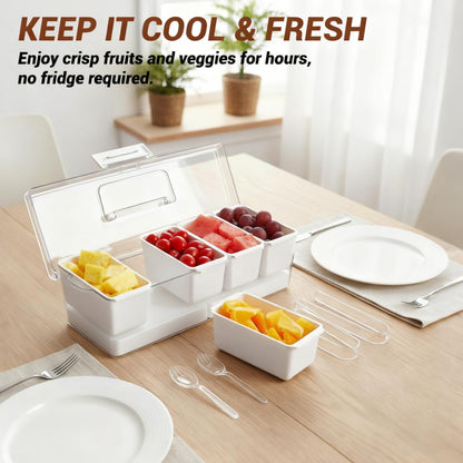 Mavolico Chilled Condiment Containers with Lid & Handle, 5-Compartment Serving Platters with 2 Ice Packs to Keep Fruits, Salads, Dips & Sauces Fresh for BBQs, Picnics, Camping and Parties