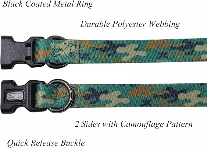 Dog Collar Leash Set, Camouflage Pattern, Polyester Material, Adjustable Collar and 5ft Matching Leash, for Large Dogs.(L, Green Camo)