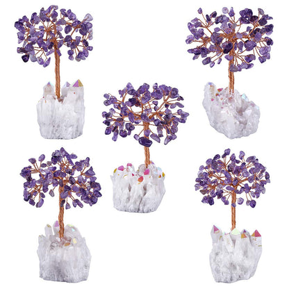 TUMBEELLUWA Healing Crystal Stone Money Tree with White AB Crystal Base Tumbled Stones Bonsai Home & Office Feng Shui Decor for Good Luck and Wealth, Amethyst