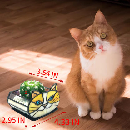 Entlityful Stained Glass Yellow Cat Flower Pot,Small Succulent Planter for Indoor Plants,Cat Plant Decoration for Windowsill 4.33x3.54x2.95 in（Excluding Plants）