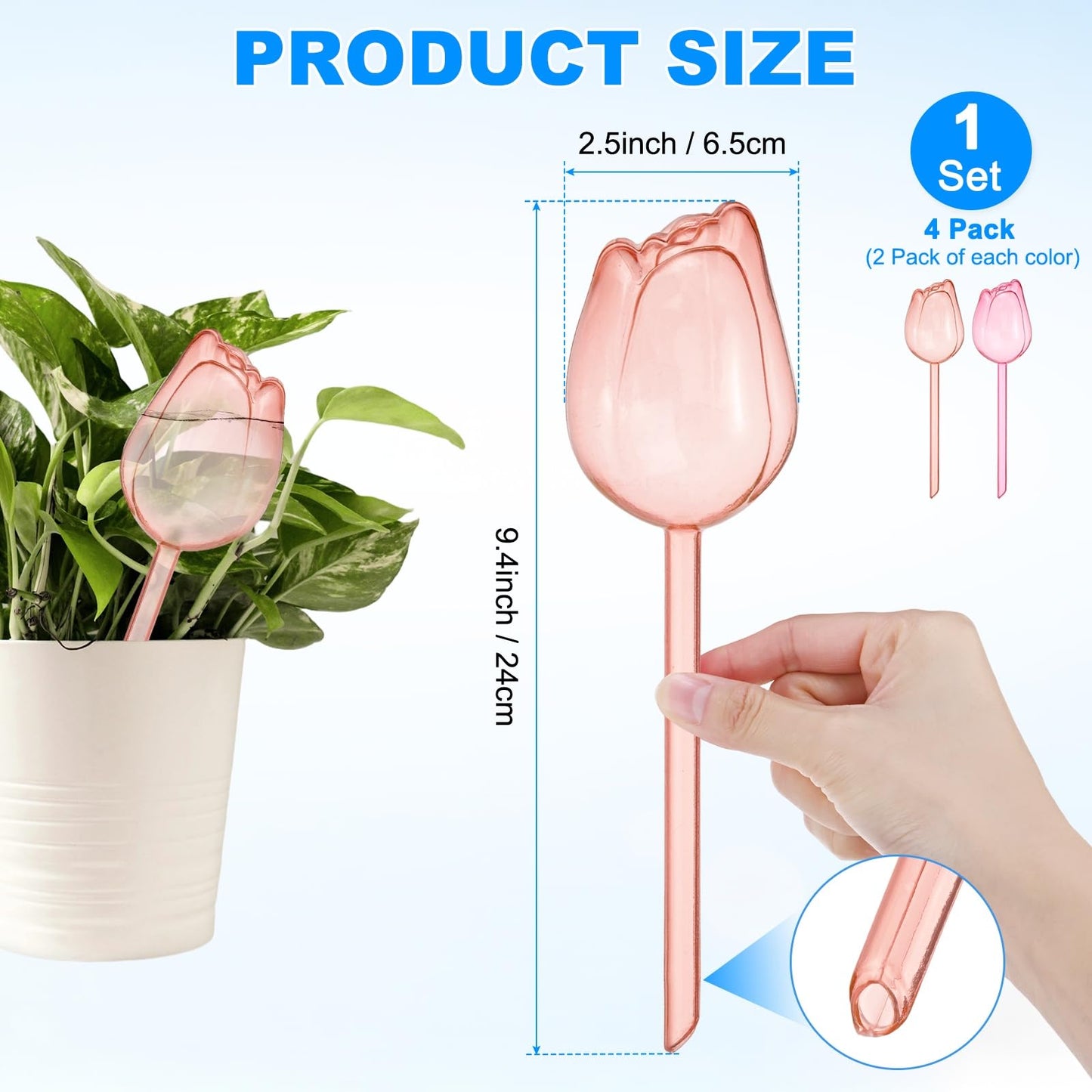 M METERXITY 4-Pack Plant Watering Globes, 9.4 Inch Plastic Self Watering Planter Insert for Indoor/Outdoor Plants, Self Water Devices [Champagne/Pink]