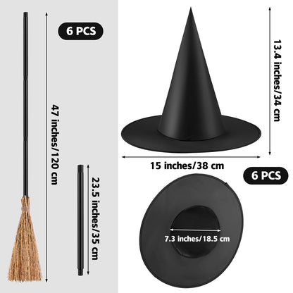 ADXCO 12 Pieces Halloween Costume Accessories Set with 6 Halloween Retractable Witch Broom and 6 Cosplay Witch Hats Decorations Straw Bamboo Witch Broomstick Plastic Broom Props for Party Decoration