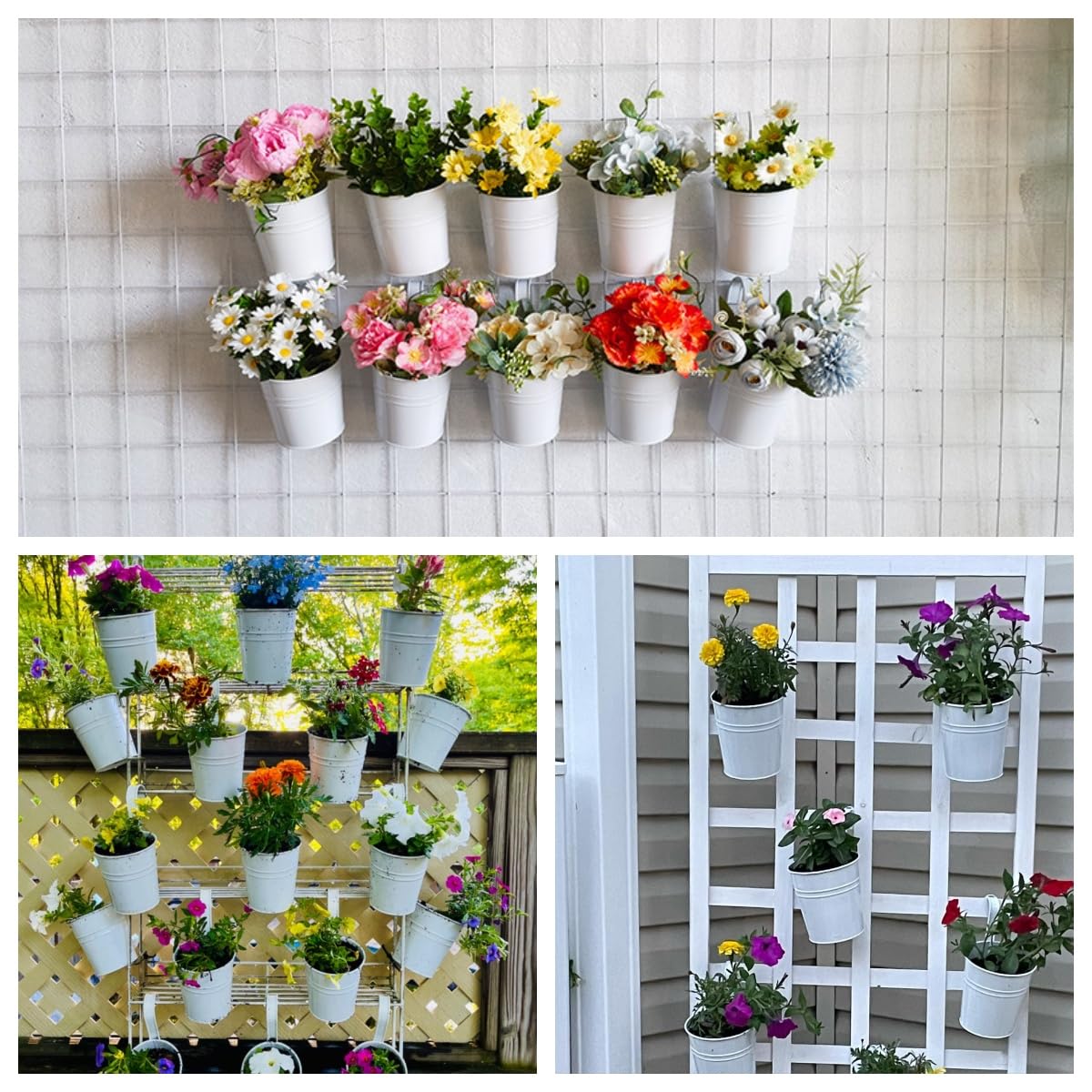 XZJMY 5 Pcs Hanging Flower Pots Metal Iron Bucket Planter Pot Metal Bucket Flower Holder with Hook Indoor Outdoor Decor for Railing Fence Balcony Garden (White)