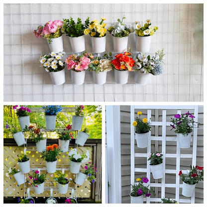 XZJMY 5 Pcs Hanging Flower Pots Metal Iron Bucket Planter Pot Metal Bucket Flower Holder with Hook Indoor Outdoor Decor for Railing Fence Balcony Garden (White)