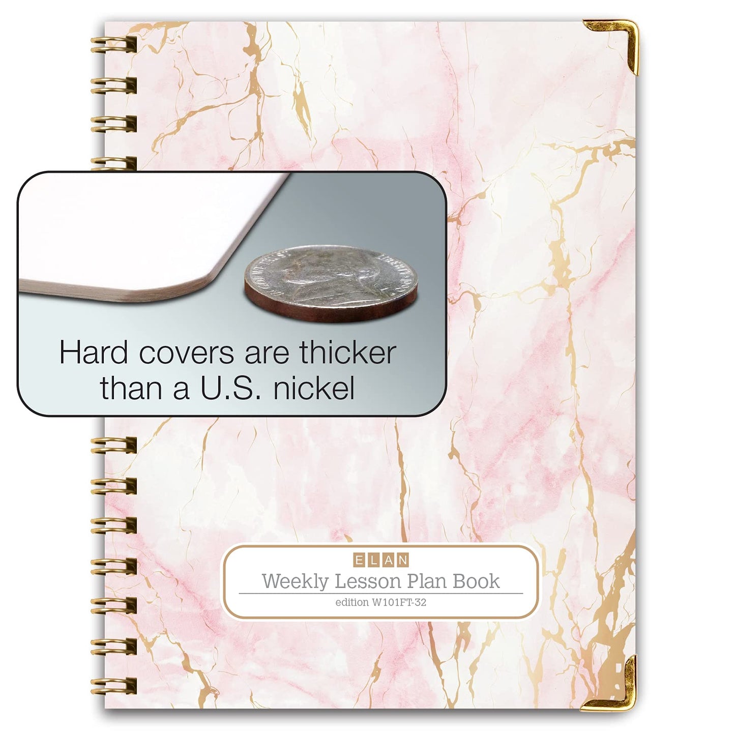 Elan Publishing Company HARDCOVER 7 Period Teacher Lesson Planner - Days Horizontally Across the Top with Bonus Clip-in Bookmark (Pink Marble)