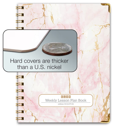 Elan Publishing Company HARDCOVER 7 Period Teacher Lesson Planner - Days Horizontally Across the Top with Bonus Clip-in Bookmark (Pink Marble)
