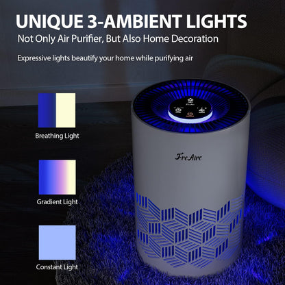 FreAire Air Purifiers for Bedroom Covers Up to 1086 Ft², Air Purifiers for Home, HEPA Air Purifier with Lights, Air Purifier Removes Dust Smoke Pollen Dander Smell, for Home/Pets/Bedroom (Black)