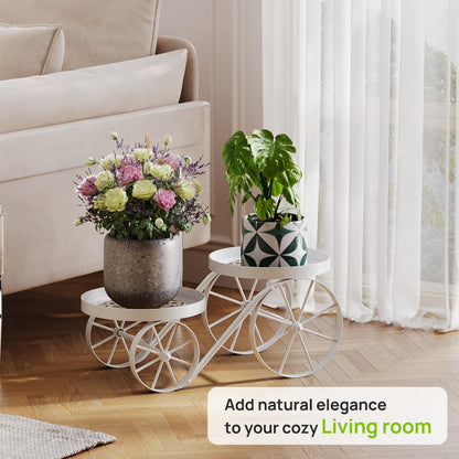 Cute Plant Stand Indoor Outdoor 2-Tier Metal Heavy Duty Flower Pot Holder with Decorative wagon wheels, Multi-Use Planter Display Rack Shelf for Garden Patio Balcony Living Room Corner (White)