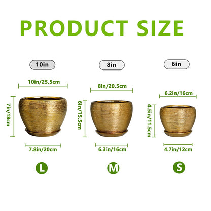 EPFamily Flower Pots for Indoor & Outdoor Plants - Ceramic Pots 10 Inch, 8 Inch, 6 Inch with Drainage Holes, Saucers - Decorative Large Planters Set of 3 Gold