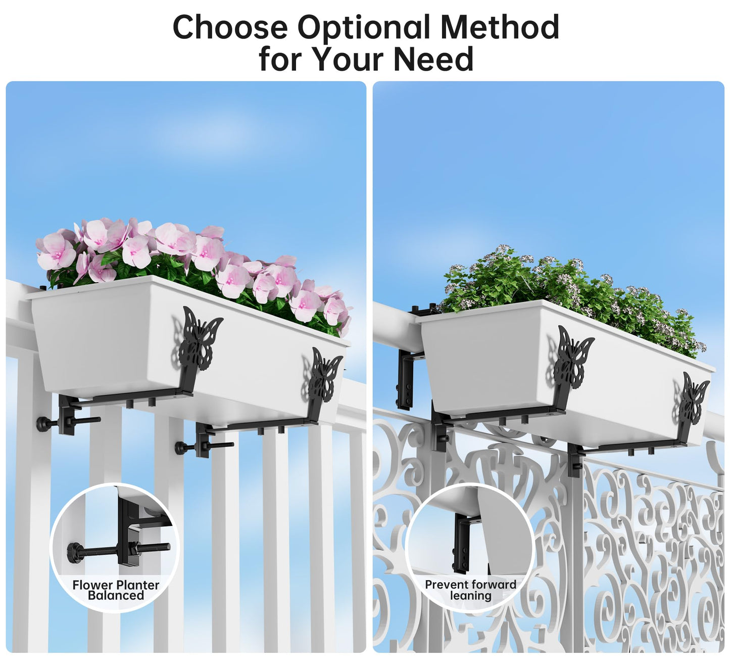 HFHOME Window Box Brackets, Adjustable Planter Box Brackets, Heavy Duty Flower Railing Planter Bracket for Balcony, with Enhanced Bottom Support, Perfect for Deck, Fence and Garden - Black (4 Pack)