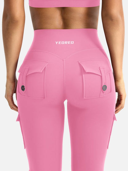 YEOREO CoreFlex Women Workout Flare Leggings with Pockets Hidden Scrunch High Waisted Cargo Gym Yoga No Front Seam Leggings Pink M