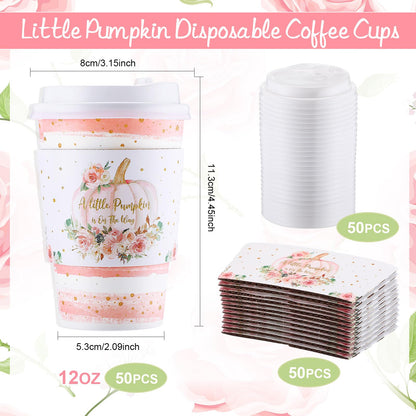 Pickmesh 50 Set 12oz Little Pumpkin Coffee Cups Sets Fall Baby Shower Party Pumpkin Flower Paper Cups with Lids, Sleeves and Stirrers for Autumn Thanksgiving Gender Reveal Party Supplies