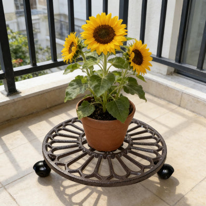 2 Pack Heavy-Duty Cast Iron Plant Caddy - 12" Rust Brown Ornamental Cast Iron Plant Stand with Wheels, Petal-Design Moveable Planter Holder for Indoor Outdoor Garden Patio Decor HC1511