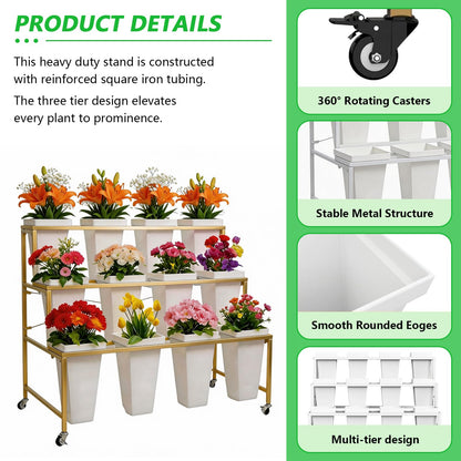 SXJHOPK Flower Display Stand with 12 Buckets, 3-Tier Rolling Plant Stand with Locking Wheels - Heavy Duty Metal Flower Cart for Indoor/Outdoor Use, Wedding Decor & Florist Displays