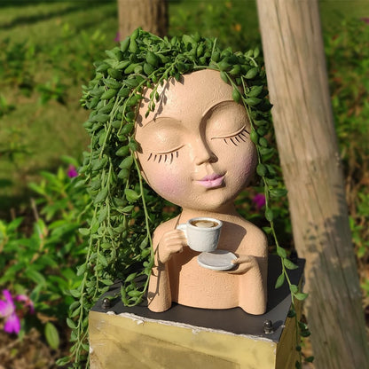 Simabsie Face Planter Pots, Resin Face Planter for Indoor/Outdoor Plants,Head Planter with Drainage Hole/Removable Saucer,Girl Holding Coffe (Coffee, Skin)