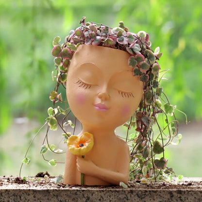 Meltset M Face Planter Pot Head Planter for Indoor Plants, Cute Girl Holding Poppy Flower Pot with Drainage Hole, Resin Succulent Cactus Planter, Unique Gardening Gifts for Women Mom Teacher (Brown)