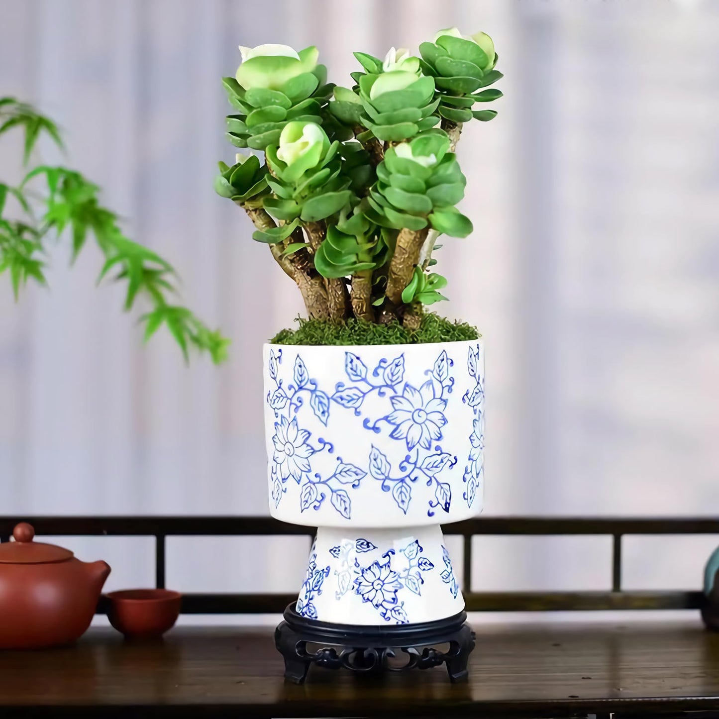 Blue and White Ceramic Flower Pot with Drainage Hole ，Elegant Succulent Plants and Orchid Planters, Home Decor Flowerpots with Tall Cup Shape Suitable for Tiger Tail Orchid and Floral Plants