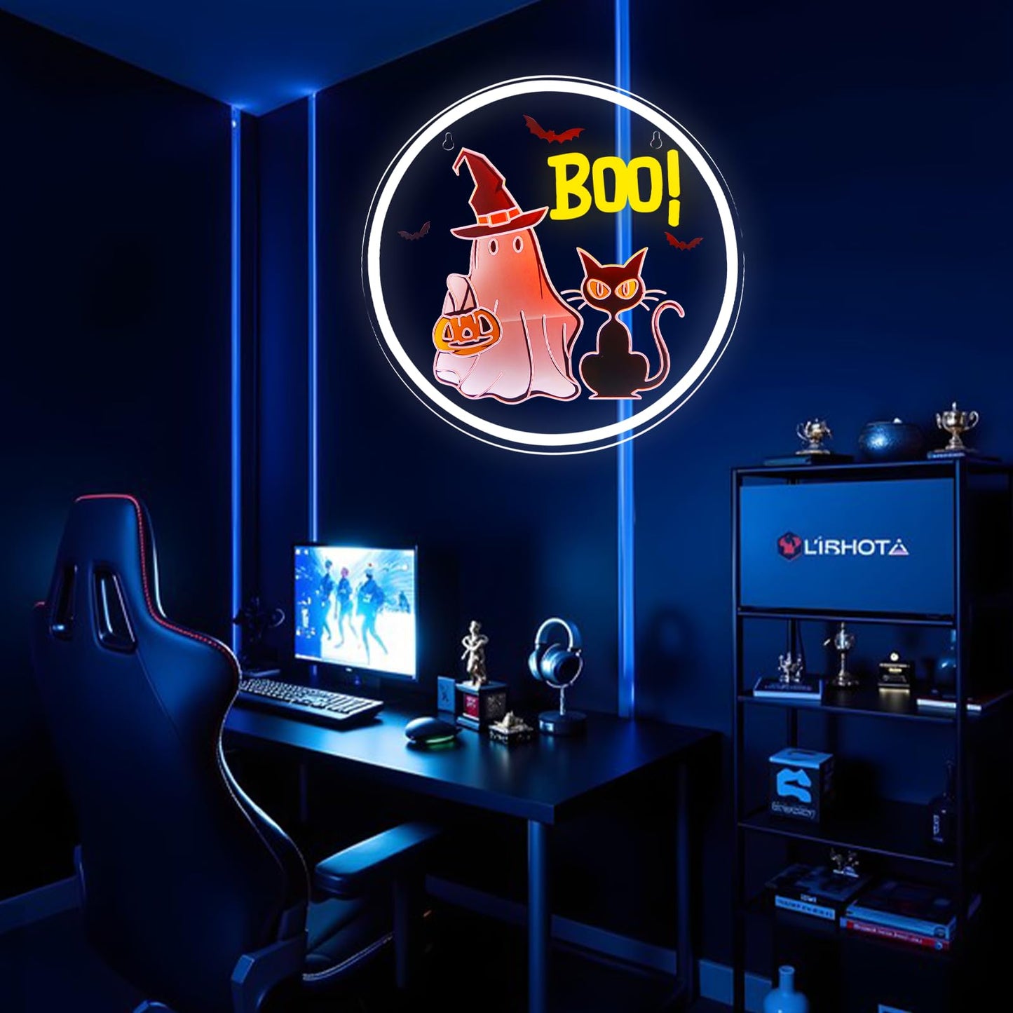 WittyRhE Halloween ghost Neon Sign BOO neon Light Wall Decor for Bedroom Club Party Bar Shop Gift Art for Boys Girls Family-12.2×12.2 IN-USB Powered-Acrylic