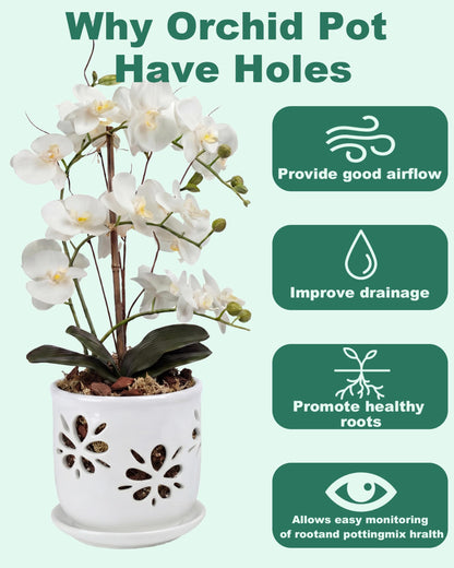 vensovo 5+6 Inch Orchid Pot with Holes and Saucer - White Ceramic Orchid Planter for Repotting, Flower Pot for Indoor/Outdoor Plants (2 Packs)