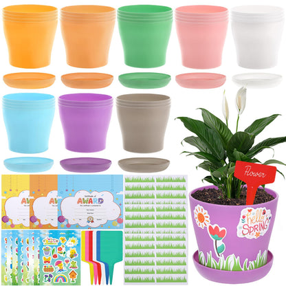 Wenceda 30 Pack Garden Pot Craft Kit, DIY Spring Pot Plastic Planter with Tray, Include Plant Tag/Certificate of Award/Spring Sticker, Flower Plant Craft for Classroom Home Party DIY Flower Planting