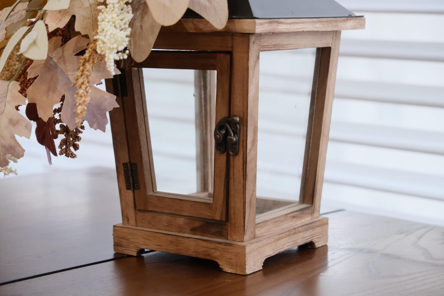 LushNook Fall Lantern Decoration, Large Wooden Hurricane Candle Lantern Decorated with Autumn Wheat Leaves, Fall Decor for Home, 14" Tall