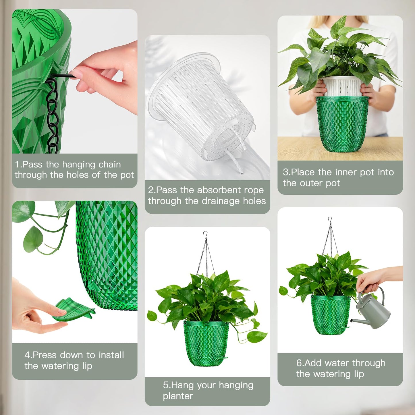 QCQHDU Hanging Planters for Indoor Plants, 2-Pack 7.2 Inch Self Watering Hanging Pots, Plastic Plant Hanger with Drainage Holes and 3 Hooks Chains for Garden Home (Emerald)