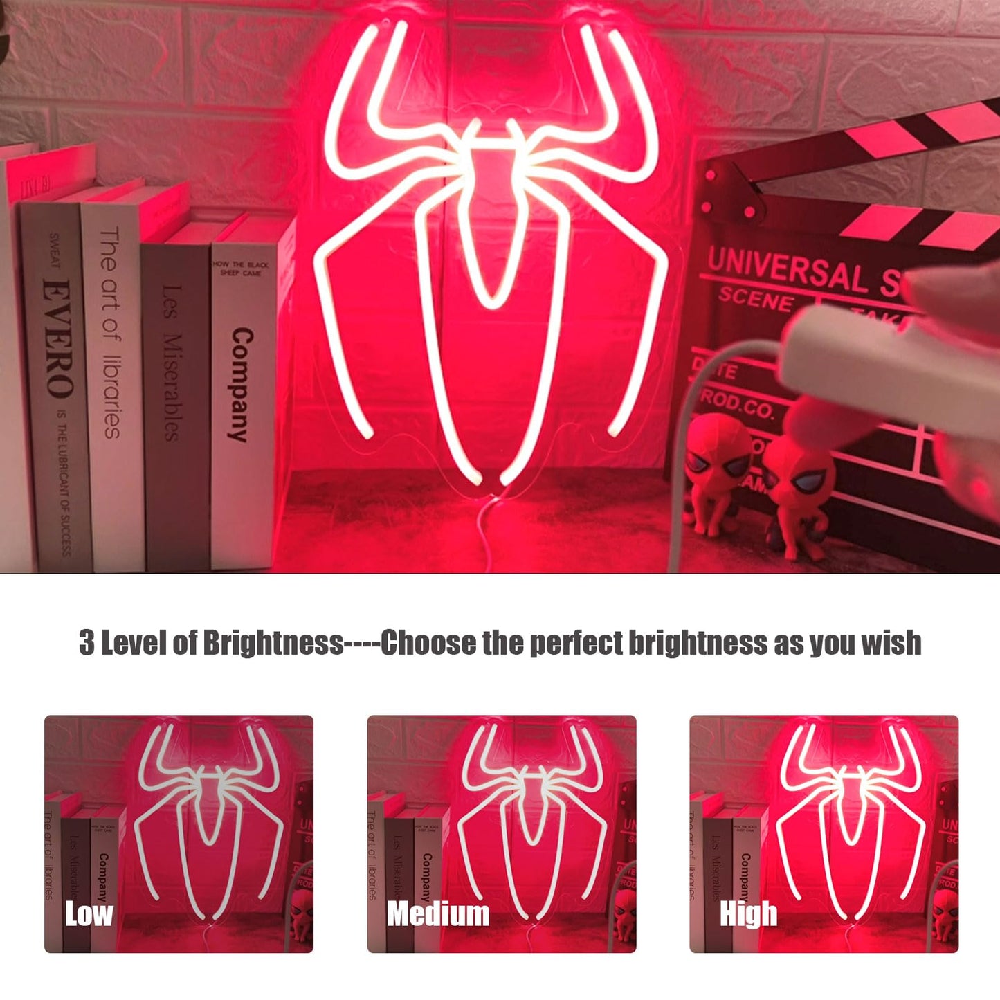 Spider Anime Room Decor Neon Sign - 9 Brightness Adjustments USB Powered Cute Spider Lamp for Boys Bedroom Wall Night Light, Happy Birthday Gift for Kids, Halloween Decoration (Red)