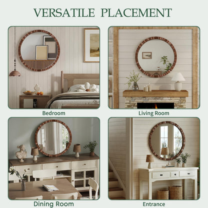 MYOTA Round Wood Wall Mirror - 31.5" Farmhouse Rustic Wall Decorative Mirrors, Wooden Circle Boho Accent Mirror for Living Room, Bedroom, Bathroom, Entryway, Hallway, Fireplace (Walnut)