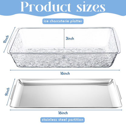 Baderke 1 Set 16" x 9'' Chilled Serving Tray for Parties with Compartments Rectangle Serving Dish Ice Charcuterie Party Platter for Shrimp Fruit Seafood Vegetable Appetizer (Silver)