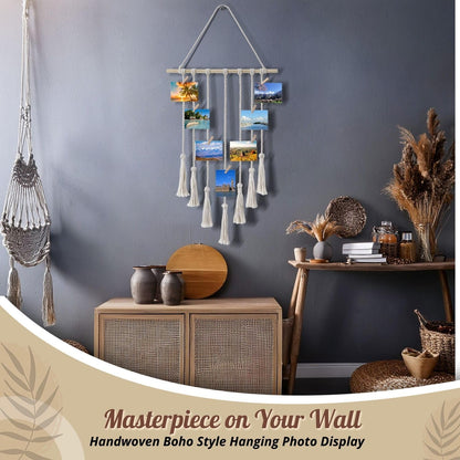 Flexzion Macrame Hanging Photo Display Wall Decor - Handwoven Boho Picture Collage Decor Hanger with 25 Wooden Clips & Cotton String Holder Organizer for Bedroom, Living Room, Home, Dorm, Gift