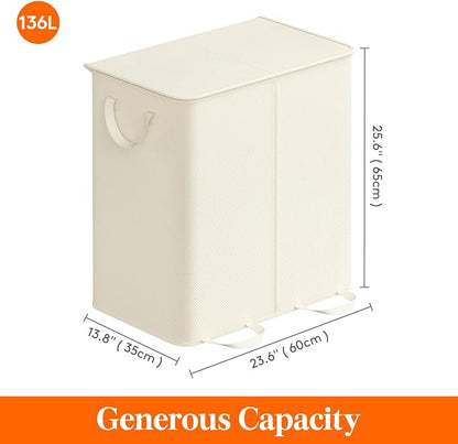 Lifewit Double Laundry Hamper with Lid and Removable Laundry Bags, Large Collapsible 2 Dividers Dirty Clothes Basket with Handles for Bedroom Laundry Room Closet Bathroom College, 136L Ivory White