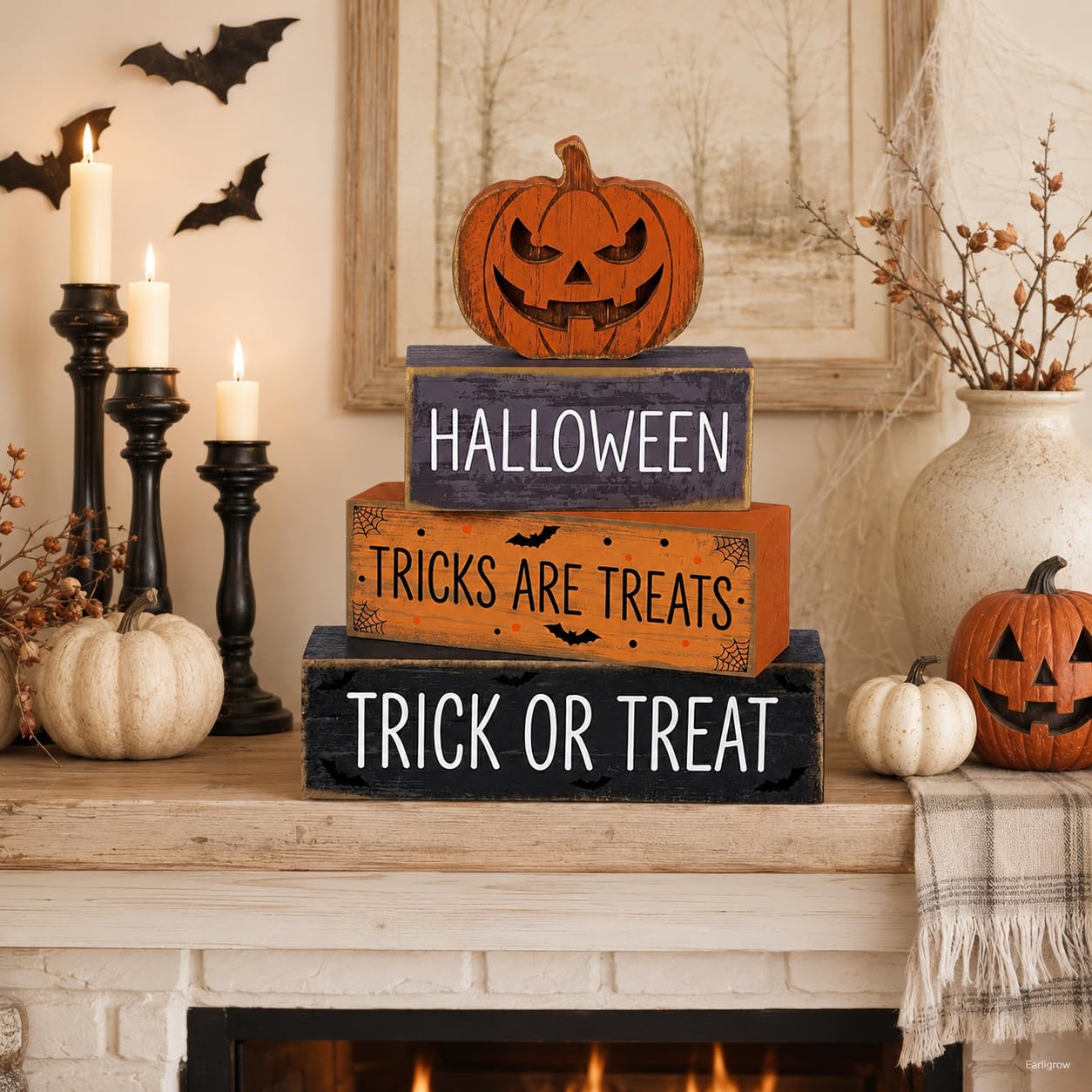 4 Pcs Halloween Decor, Trick or Treat Tiered Tray Decorations, Wooden Block Signs with Jack-O-Lantern, Tricks are Treats Farmhouse Rustic Table Centerpiece for Home Shelf Kitchen Coffee Bar