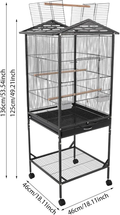 Extra Large Bird Cage 54Inch Wrought Iron Bird Cage with Rolling Stand Metal Parrot Cage with Open Play Top Perch Stand for Conures Lovebirds Cockatiels Finches (Black)