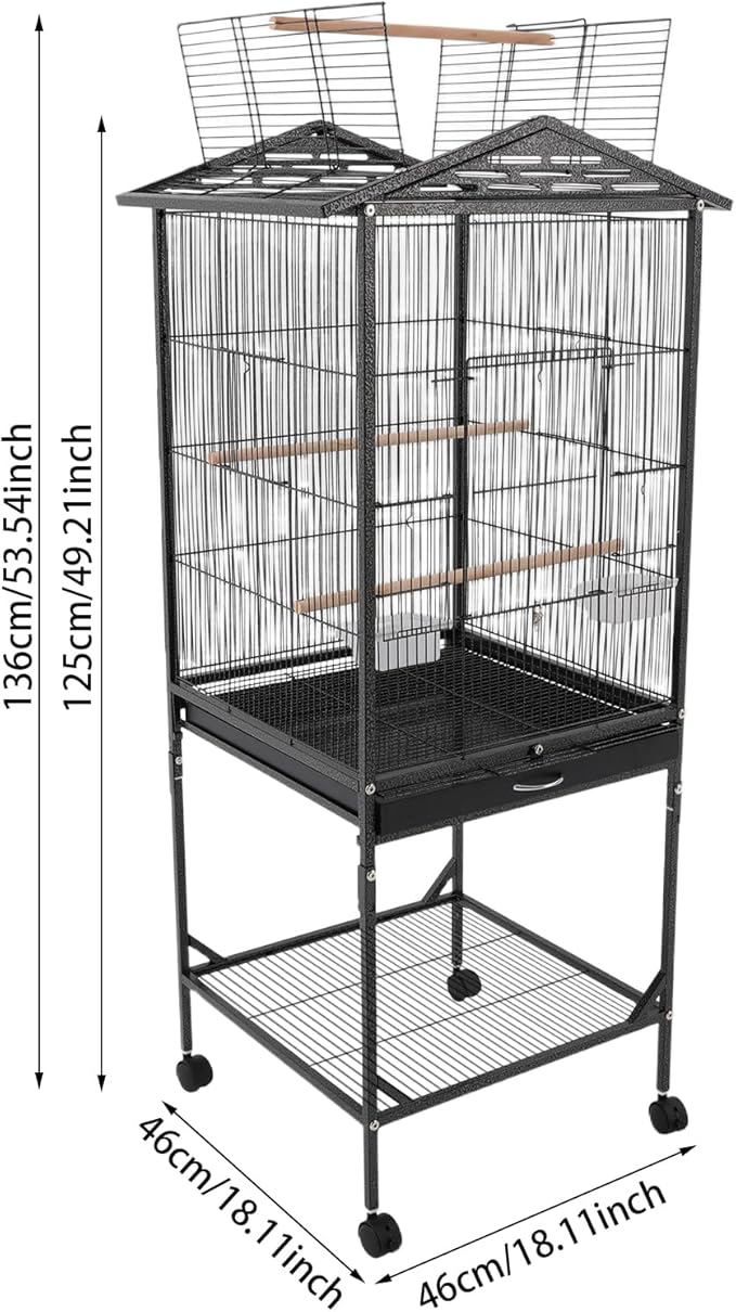 53.5 Inch Iron Bird Cage, Large Parakeet Cages with Play Open Top and Rolling Stand, Bird House with Detachable Stand and Pull-Out Tray for Cockatiels, Parrots, Lovebirds, Canaries (Black, Style A)