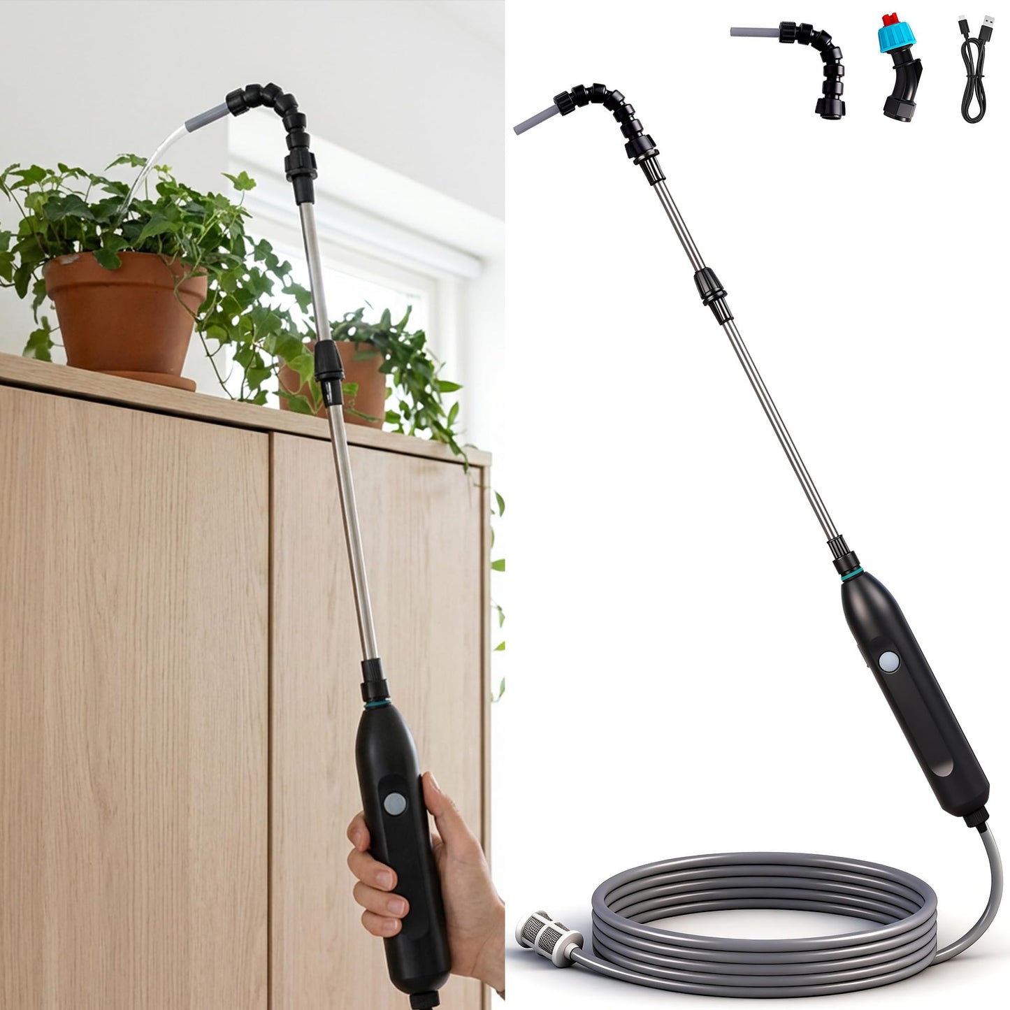 Rechargeable Cordless High Reach Plant Waterer - with Telescopic Wand Plant (25.6–33.4 in), Watering Can Hanging Plants Baskets, 2 Adjustable Nozzles and 8.6ft Water, Hose for Yard Lawn Weeds Plants