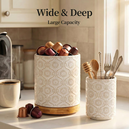 Newise Utensil Holder - Set of 2, Ceramic Kitchen Utensil Holder for Countertop, Large Utensil Crock with 360° Rotating Base, 7.7"+5.6" Embossed Cooking Storage and Decoration