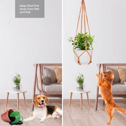 Macrame Plant Hanger for 5 to 10 Inch Plant Pots, Set of 2 Indoor Handmade 35 Inch Woven Rope Hanger Kits with Hooks and Wood Beads, Hanging Planter Basket Holder for Boho Home Decor (Brown, 2 Pack)