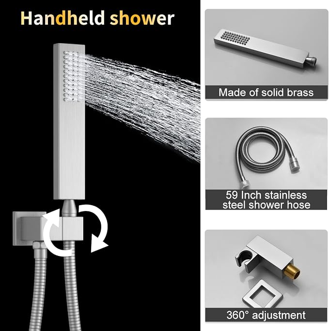 AYIVG Brushed Nickel Thermostatic Rainfall Shower System 16 x 26 Inch Temperature Display Shower Faucet System with Body Jets Smart Ceiling Mount Multi Function 64 Color LED Rainfal Shower Set