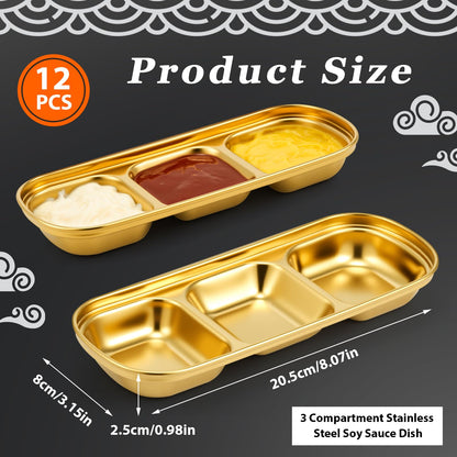 Maxcheck 12 Pcs Soy Sauce Dish Stainless Steel Divided Dip Bowls Korean 3 Compartment Sauce Plate Seasoning Dipping Condiment Tray for BBQ Vinegar Spice Salt Sugar Flavor Home Restaurant (Gold)